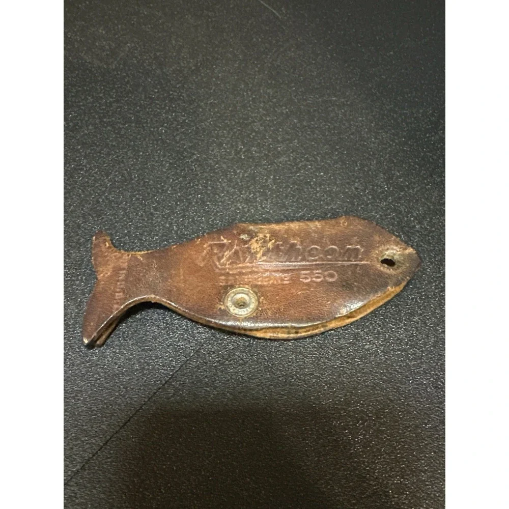 Vintage Raytheon Leather Fish Key Fob Sample No 550 Made in USA Nautical Promo